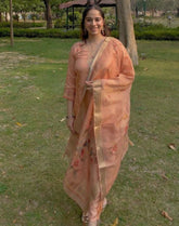 Peach shimmer cotton suit floral suit with chanderi dupatta
