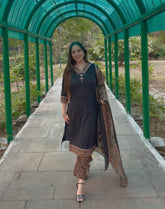 Cotton black suit with mirror work with bandhani print dupatta