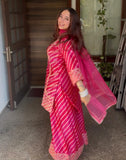 Rani pink Leheriya organza suit with zari work