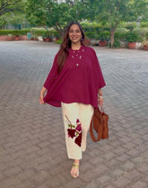 Indo western wine colour Kaftan suit with beautiful patch work on palazzo