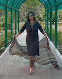 Cotton black suit with mirror work with bandhani print dupatta