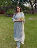 Turquoise blue cotton suit with lace work with floral dupatta