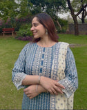 Turquoise blue cotton suit with lace work with floral dupatta