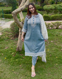 Turquoise blue cotton suit with lace work with floral dupatta