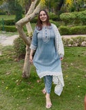 Turquoise blue cotton suit with lace work with floral dupatta