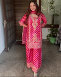 Rani pink Leheriya organza suit with zari work