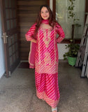 Rani pink Leheriya organza suit with zari work