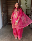 Rani pink Leheriya organza suit with zari work