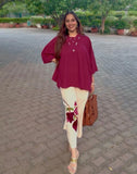 Indo western wine colour Kaftan suit with beautiful patch work on palazzo